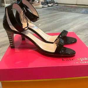 Kate Spade Heels ELSA Black Ankle Strap  Sandals Wood Striped Heel Sz 10